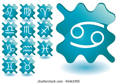 Blue glass blots as zodiac icons, vector illustration