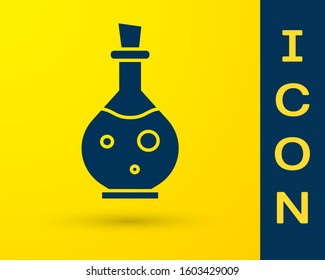 Blue Glass bottle with magic elixir icon isolated on yellow background. Computer game asset.  Vector Illustration