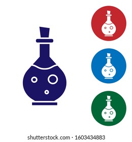 Blue Glass bottle with magic elixir icon isolated on white background. Computer game asset. Set color icons in circle buttons. Vector Illustration