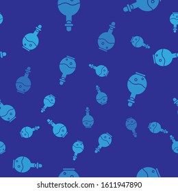 Blue Glass bottle with magic elixir icon isolated seamless pattern on blue background. Computer game asset.  Vector Illustration