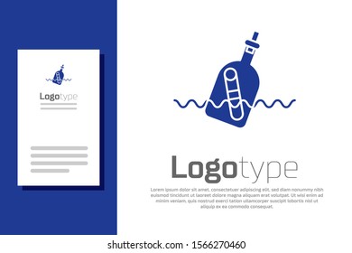 Blue Glass bottle with a message in water icon isolated on white background. Letter in the bottle. Pirates symbol. Logo design template element. Vector Illustration