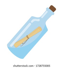 Blue glass bottle with a note isolated on a white background. Children's cartoon illustration on the theme of pirates, treasures and adventures. Drawing for children's books, coloring books, cards 