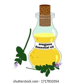 Blue glass bottle of oregano essential oil with cork and paper sticker. Vector stock illustration in cartoon style.