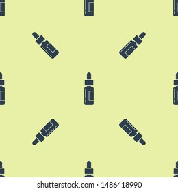 Blue Glass bottle with a pipette. Vial with a pipette inside icon isolated seamless pattern on yellow background. Container for medical and cosmetic product.  Vector Illustration