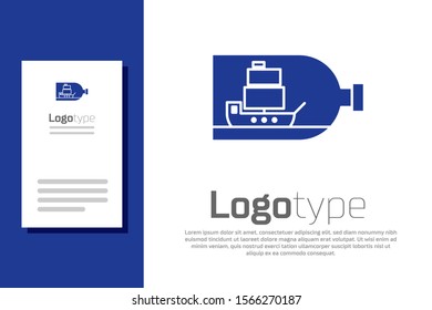 Blue Glass bottle with ship inside icon isolated on white background. Miniature model of marine vessel. Hobby and sea theme. Logo design template element. Vector Illustration