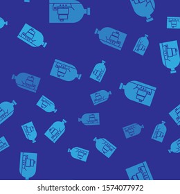 Blue Glass bottle with ship inside icon isolated seamless pattern on blue background. Miniature model of marine vessel. Hobby and sea theme.  Vector Illustration