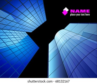 Blue glass buildings at night. Vector illustration.