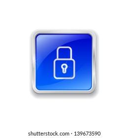 Blue glass button with chrome border and lock icon