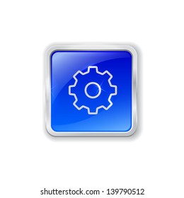 Blue glass button with chrome border and gear icon