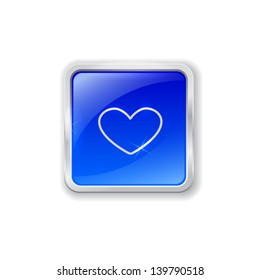 Blue glass button with chrome border and heart icon