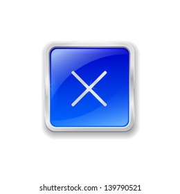 Blue glass button with chrome border and cross icon
