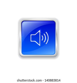 Blue glass button with chrome border and speaker icon