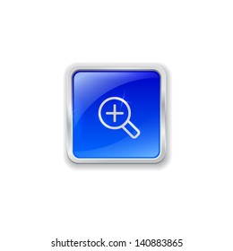 Blue glass button with chrome border and zoom in icon
