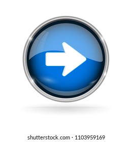Blue glass button with chrome frame. Next 3d sign. Vector illustration isolated on white background