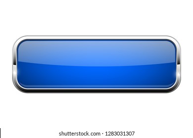 Blue glass button. Shiny rectangle 3d web icon. Vector illustration isolated on white background