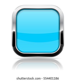 Blue glass button. Square shiny 3d icon with metal frame. Vector illustration isolated on white background