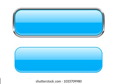 Blue glass buttons with chrome frame. Rectangle 3d icons. Vector illustration isolated on white background