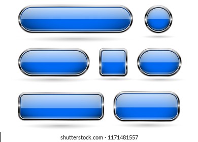 Blue glass buttons with chrome frame. 3d icons. Vector illustration isolated on white background