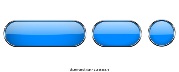 Blue glass buttons with chrome frame. 3d icons. Vector illustration isolated on white background