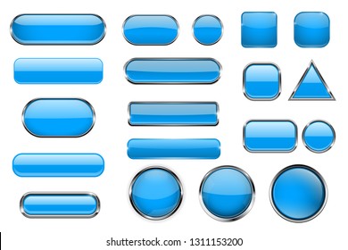 Blue glass buttons. Collection of 3d icons. Vector illustration isolated on white background