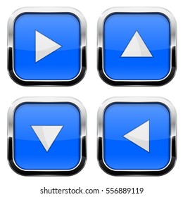 Blue glass buttons. Set of square arrow keys with chrome frame. Vector 3d illustration isolated on white background.