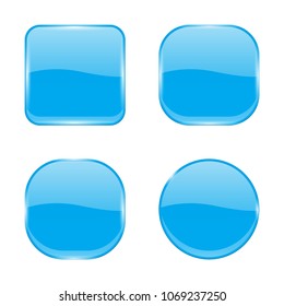 Blue glass buttons. Shiny geometric 3d icons. Vector illustration isolated on white background