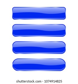 Blue glass buttons. Shiny rectangle 3d icons with reflection. Vector illustration isolated on white background
