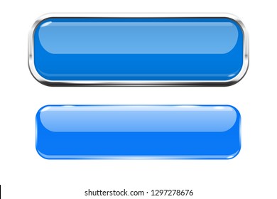 Blue glass buttons. Web 3d shiny rectangle icons with and without metal frame. Vector illustration isolated on white background