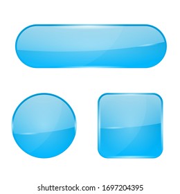 Blue glass buttons. Web 3d shiny icons. Vector illustration isolated on white background