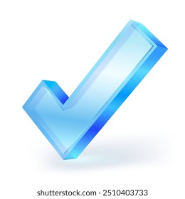 Blue glass check mark icon. 3D vector illustration isolated on white background. For graphic design, UI UX design.