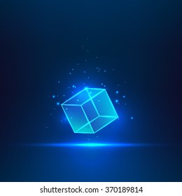 Blue Glass Cube. Geometric Object Floating In The Air. Vector