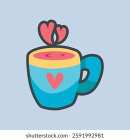 blue glass cup with love shape aroma in outline flat vector design