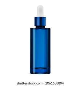 Blue glass dropper bottle, essential oil vial, vector. Clear serum essence flask mock up. Cobalt color pipette bottle, treatment tincture, skin care collagen template mockup. Eyedropper container