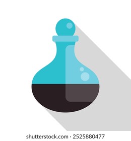 Blue glass flask containing dark chemical liquid experiment icon in flat style with long shadow on a white background