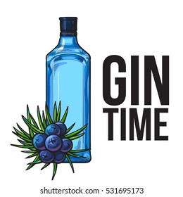 Blue glass gin bottle and juniper berries, isolated sketch vector illustration. Realistic drawing of unlabeled, unopened bottle and juniper berries for posters, banners, postcards, gin time concept