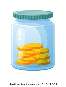 Blue glass jar half full of gold coins. 