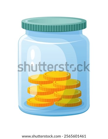 Blue glass jar half full of gold coins. 