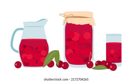 Blue glass jug, jar and cup with red cherry compote and cherries on a white background. Vector illustration of a healthy drink.