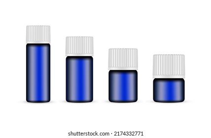 Blue Glass Medical or Cosmetic Bottles with Different Sizes, Isolated on White Background. Vector Illustration