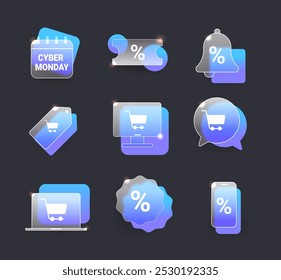 Blue glass morphism Cyber Monday icons set. E-Commerce symbol collection