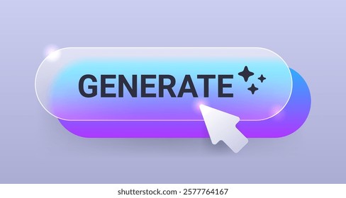 Blue glass morphism generate button on gray background. Vector app element illustration