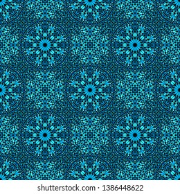 Blue glass mosaic ethno pattern art - cyan abstract bohemian seamless geometrical vector background graphic