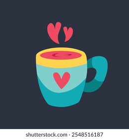 blue glass mug with love sign in flat vector design.