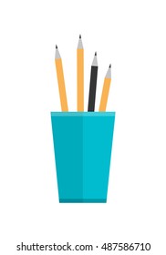 Blue glass with pencils. Stack of colored pencils in a glass. Plastic pencil holder, pen holder. Isolated object on white background. Vector illustration in flat style.