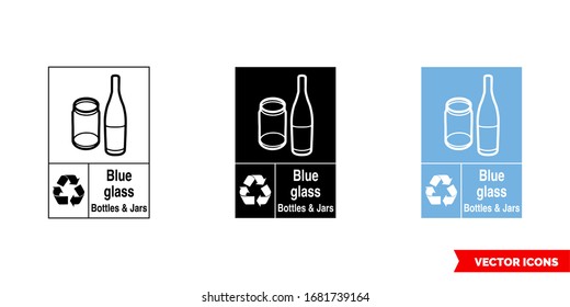 Blue glass recycling sign icon of 3 types: color, black and white, outline. Isolated vector sign symbol.