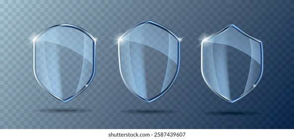 Blue glass screen set. Protection shield concept. Security badge icon. Privacy banner shield. Security label.