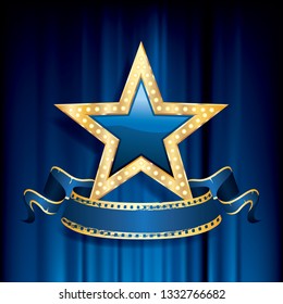 blue glass star with golden frame on blue velvet, vector business success background
