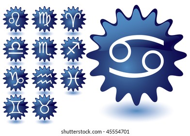 Blue glass suns as zodiac icons, vector illustration
