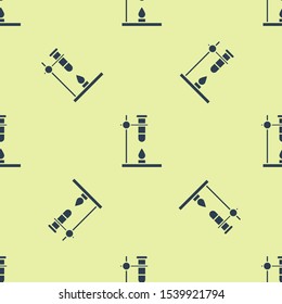 Blue Glass test tube flask on fire heater experiment icon isolated seamless pattern on yellow background. Laboratory equipment.  Vector Illustration