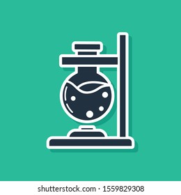 Blue Glass test tube flask on fire heater experiment icon isolated on green background. Laboratory equipment.  Vector Illustration